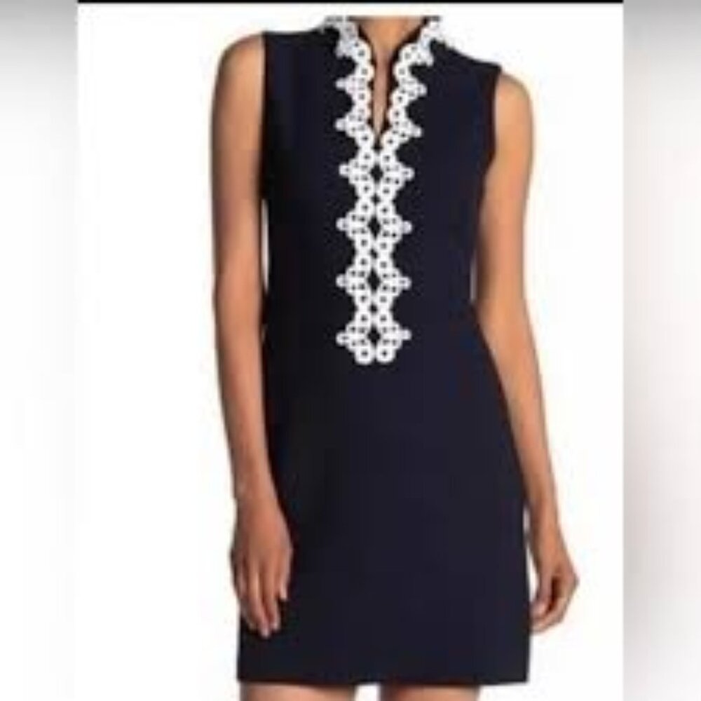 Vince Camuto Navy Blue Embroidered Sleeveless Shift Dress - Size 4 preppy
